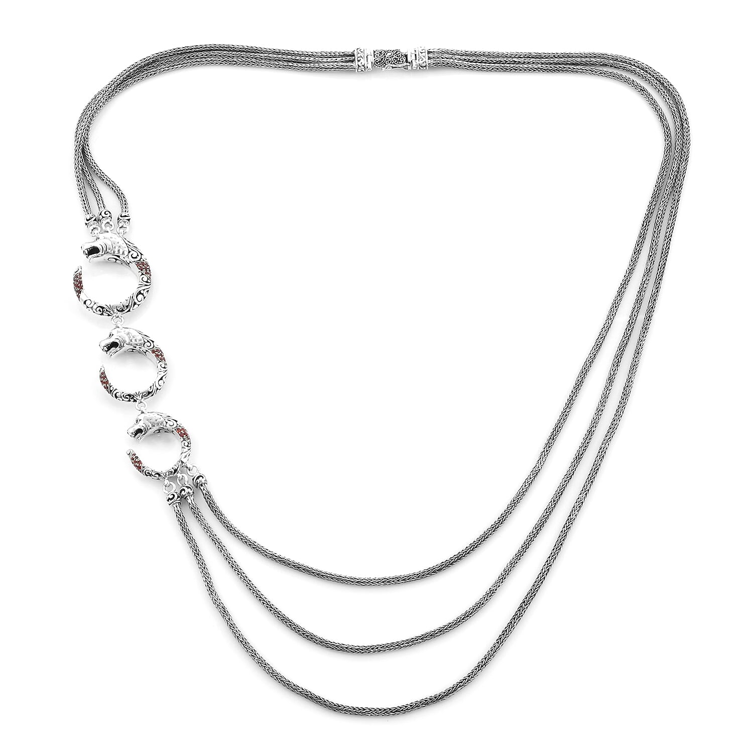 Royal Bali Collection - Mozambique Garnet Three Strand Panther Necklace (Size 27) in Sterling Silver 2.19 Ct, Silver wt 87.20 Gms