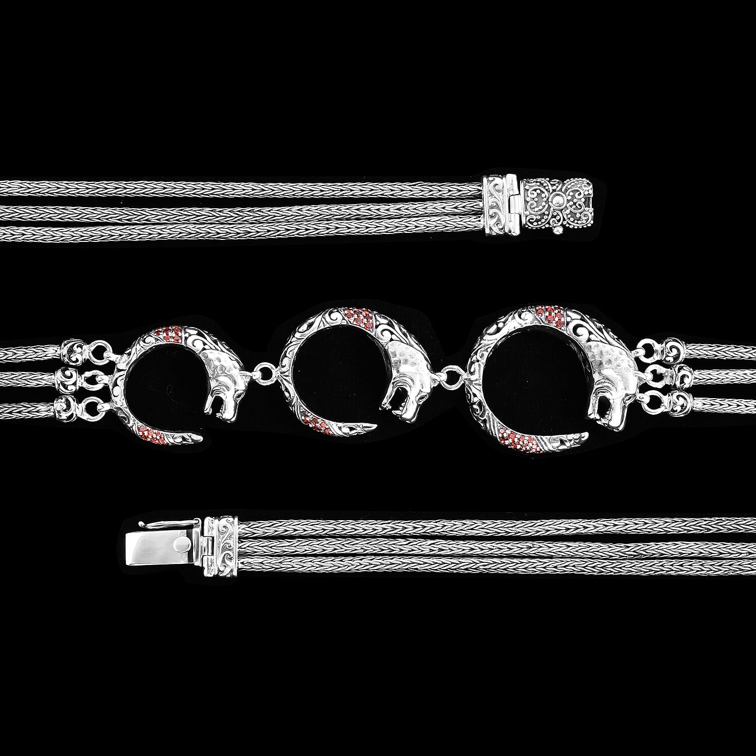 Royal Bali Collection - Mozambique Garnet Three Strand Panther Necklace (Size 27) in Sterling Silver 2.19 Ct, Silver wt 87.20 Gms