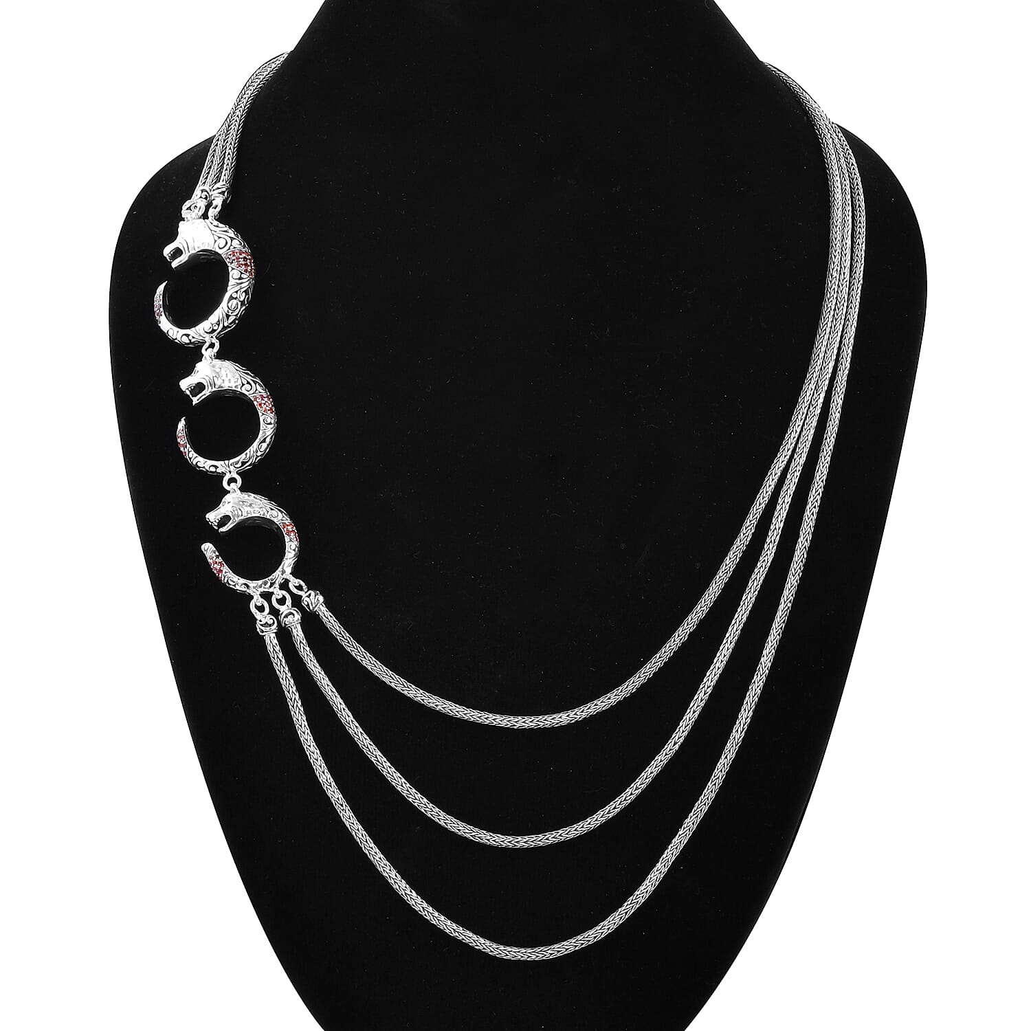Royal Bali Collection - Mozambique Garnet Three Strand Panther Necklace (Size 27) in Sterling Silver 2.19 Ct, Silver wt 87.20 Gms