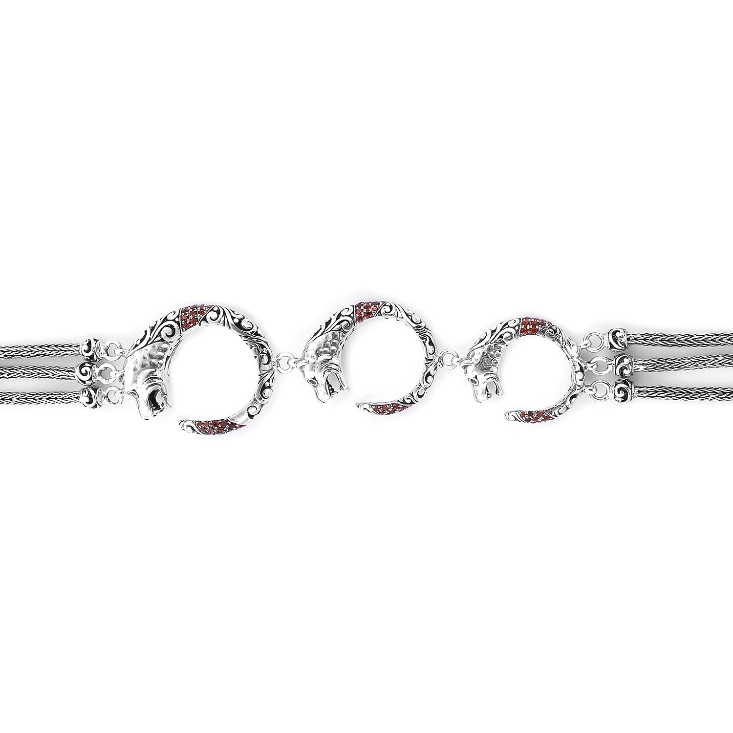 Royal Bali Collection - Mozambique Garnet Three Strand Panther Necklace (Size 27) in Sterling Silver 2.19 Ct, Silver wt 87.20 Gms