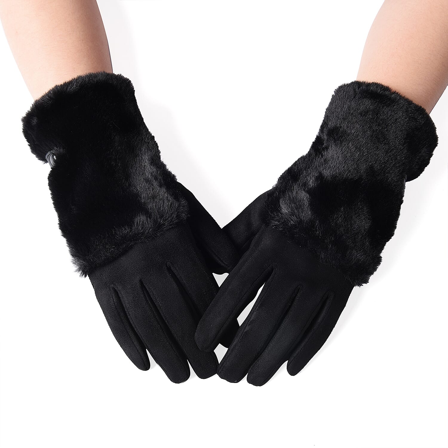 Fluffy Faux Fur Trim Gloves (Size 9x23cm) - Black