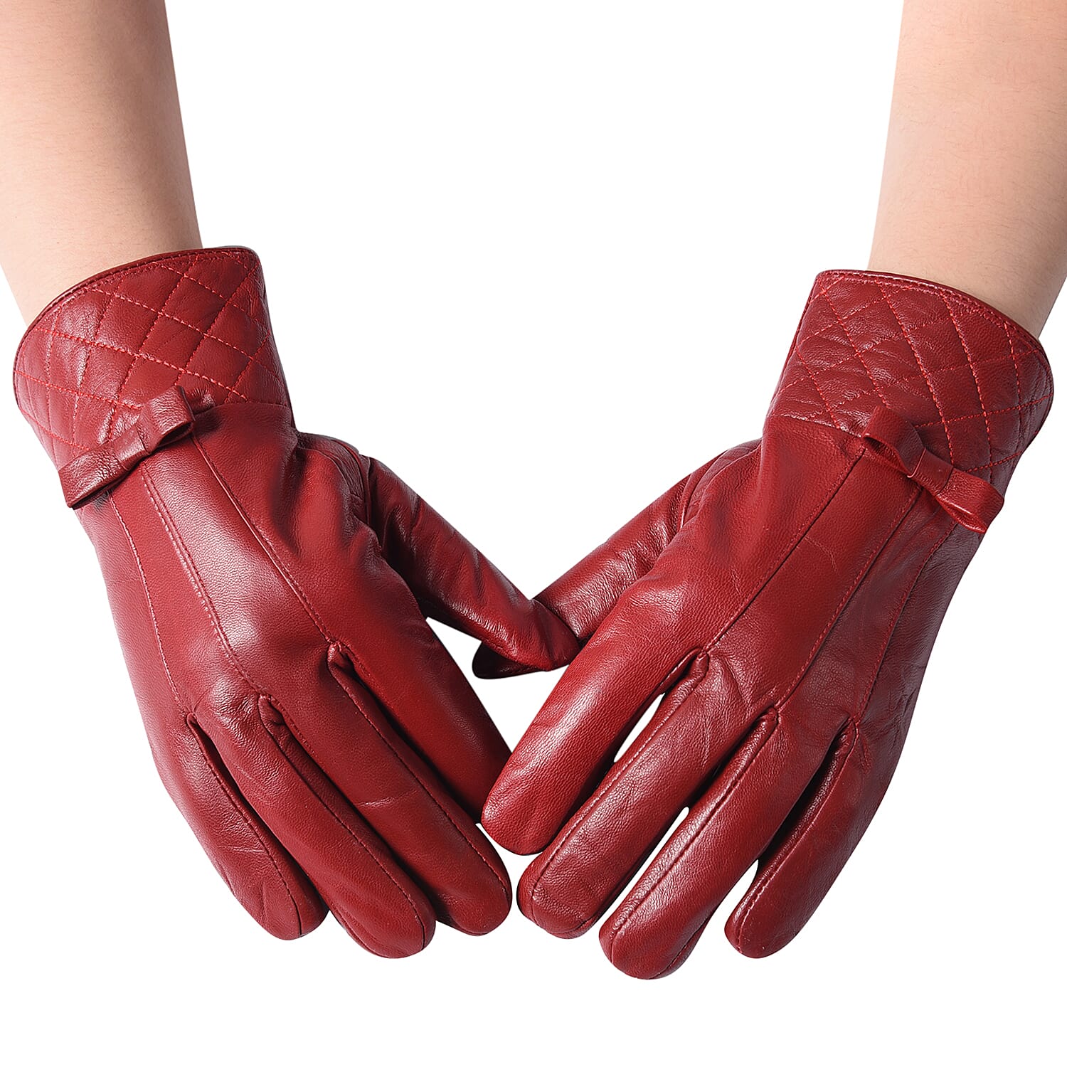 100% Genuine Leather Quilted Pattern Gloves with Bowknot - Solid Red