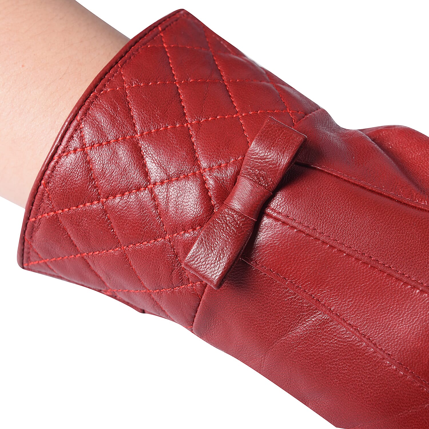 100% Genuine Leather Quilted Pattern Gloves with Bowknot - Solid Red