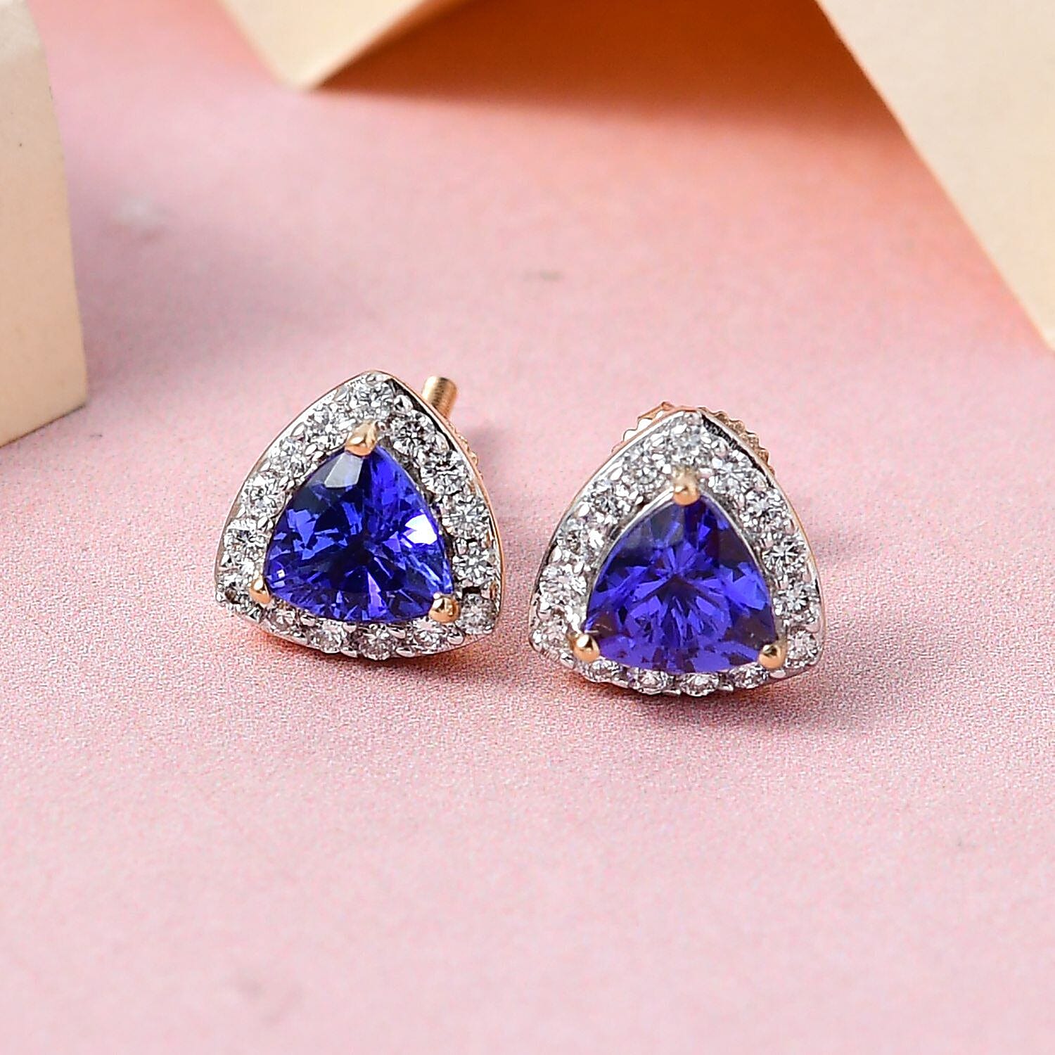 ILIANA 18K Yellow Gold AAA Tanzanite and Diamond Halo Earrings (with Screw Back) 1.10 Ct.