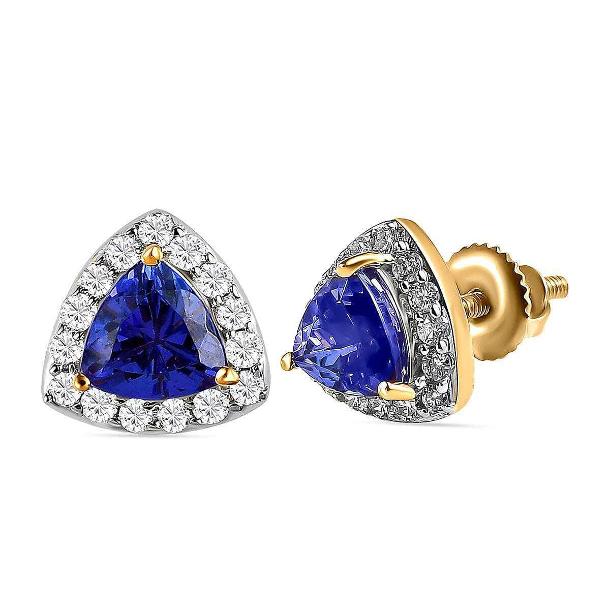 ILIANA 18K Yellow Gold AAA Tanzanite and Diamond Halo Earrings (with Screw Back) 1.10 Ct.