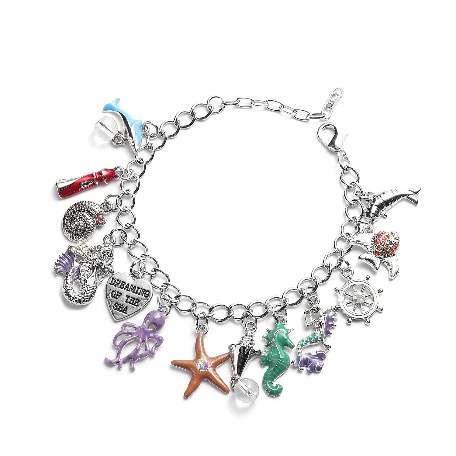 Charms De Memoire - Simulated White Topaz and Multi Colour Austrian Crystal Multi-Charm Enamelled Curb Bracelet (Size 7.5 with 1.5 inch Extender) in Silver Tone