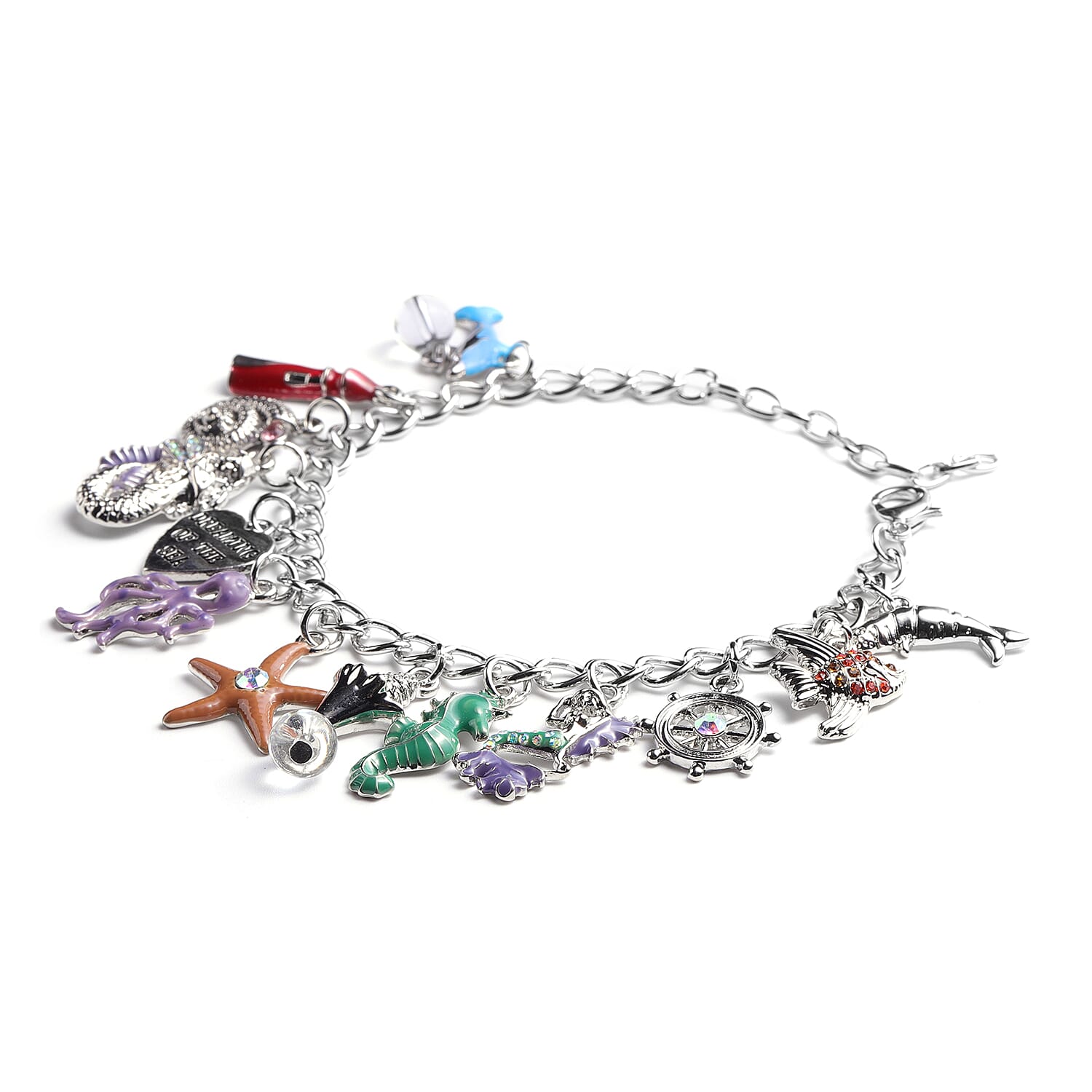Charms De Memoire - Simulated White Topaz and Multi Colour Austrian Crystal Multi-Charm Enamelled Curb Bracelet (Size 7.5 with 1.5 inch Extender) in Silver Tone