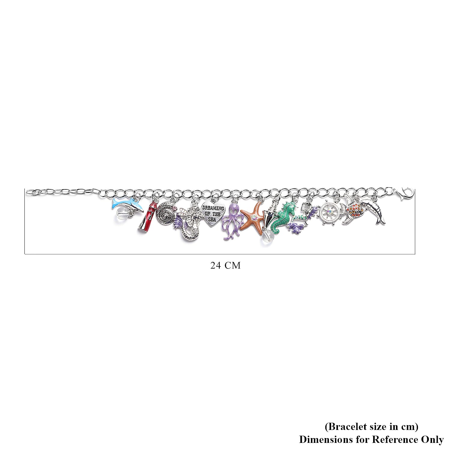 Charms De Memoire - Simulated White Topaz and Multi Colour Austrian Crystal Multi-Charm Enamelled Curb Bracelet (Size 7.5 with 1.5 inch Extender) in Silver Tone