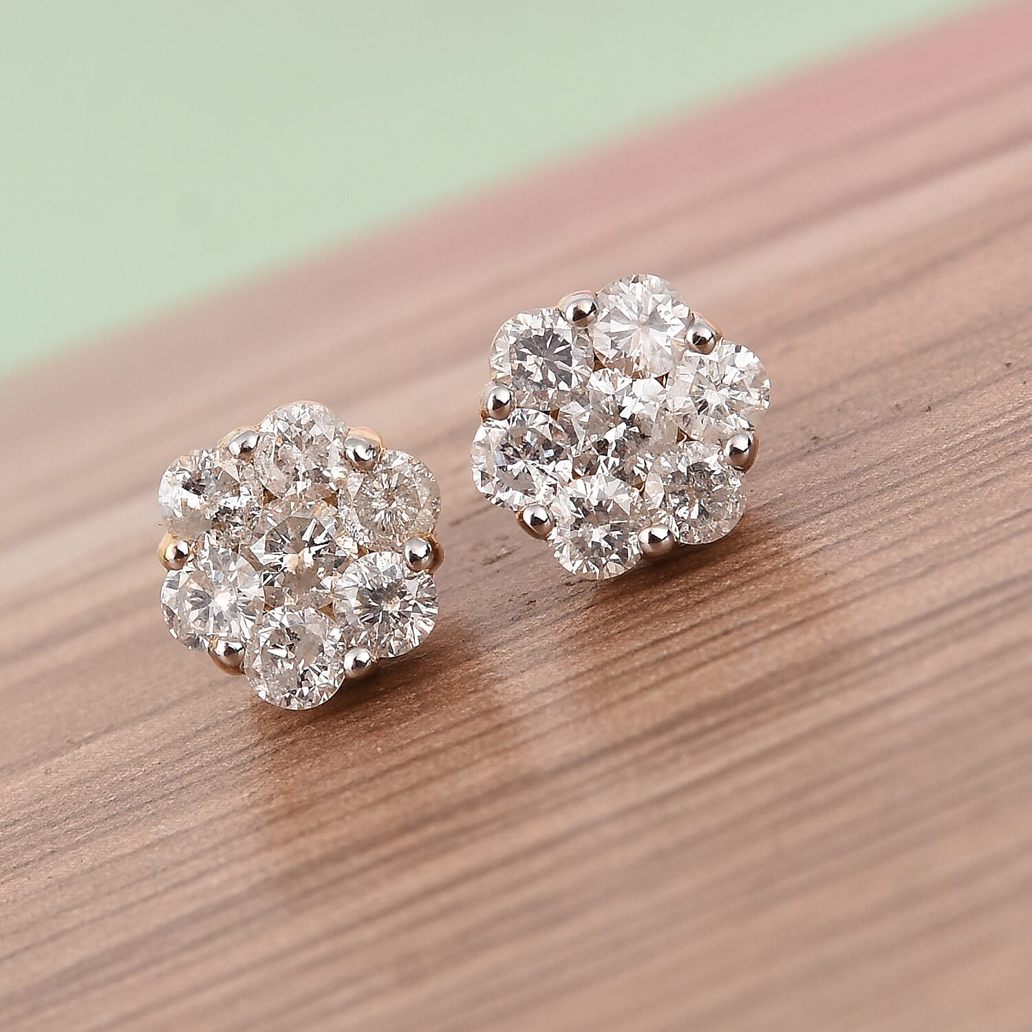 9K Yellow Gold SGL Certified Natural Diamond (I3-G-H) Floral Stud Earrings (with Push Back) 1.00 Ct.