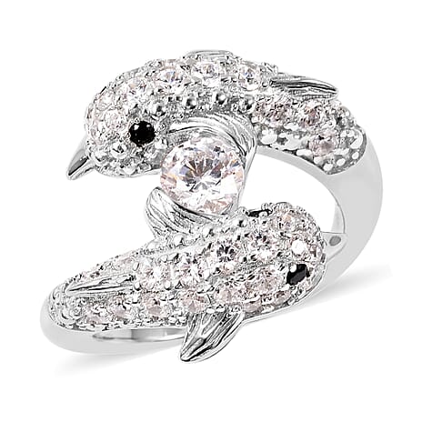 Lustro Stella - Boi Ploi Black Spinel Rhodium Overlay Sterling Silver Dolphin Ring Made with Finest CZ 3.07 Ct.