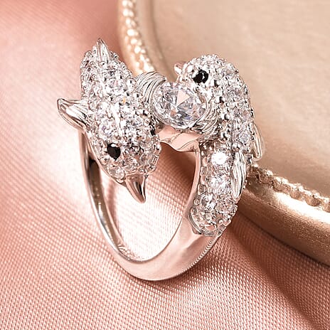 Lustro Stella - Boi Ploi Black Spinel Rhodium Overlay Sterling Silver Dolphin Ring Made with Finest CZ 3.07 Ct.