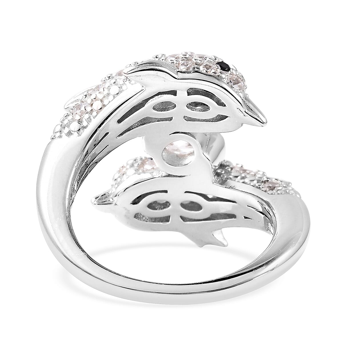 Lustro Stella - Boi Ploi Black Spinel Rhodium Overlay Sterling Silver Dolphin Ring Made with Finest CZ 3.07 Ct.