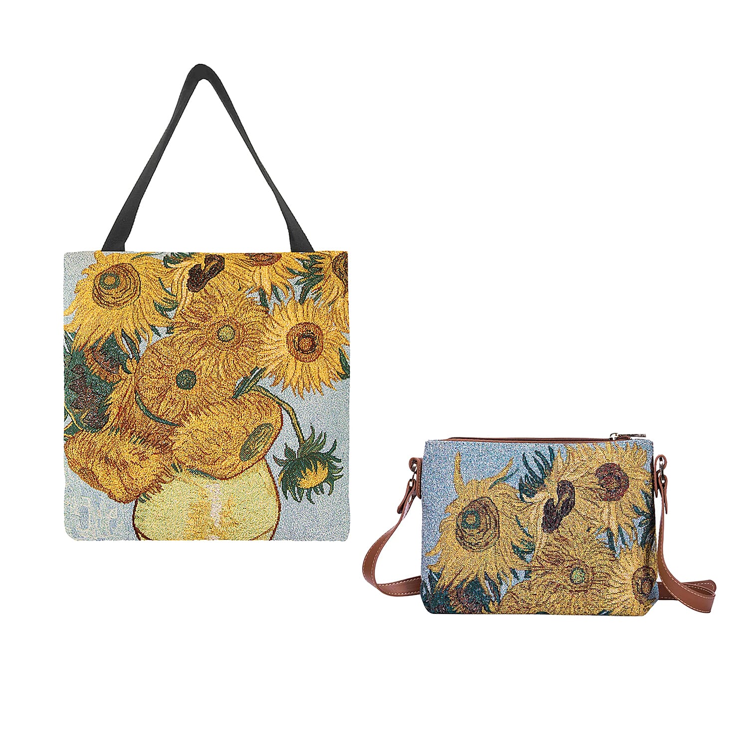 Signare Tapestry - 2 Piece Set - Van Gogh Artwork Sunflower Crossbody Bag (33x8x34cm) and Gusset Bag (22x5x17cm) in Yellow