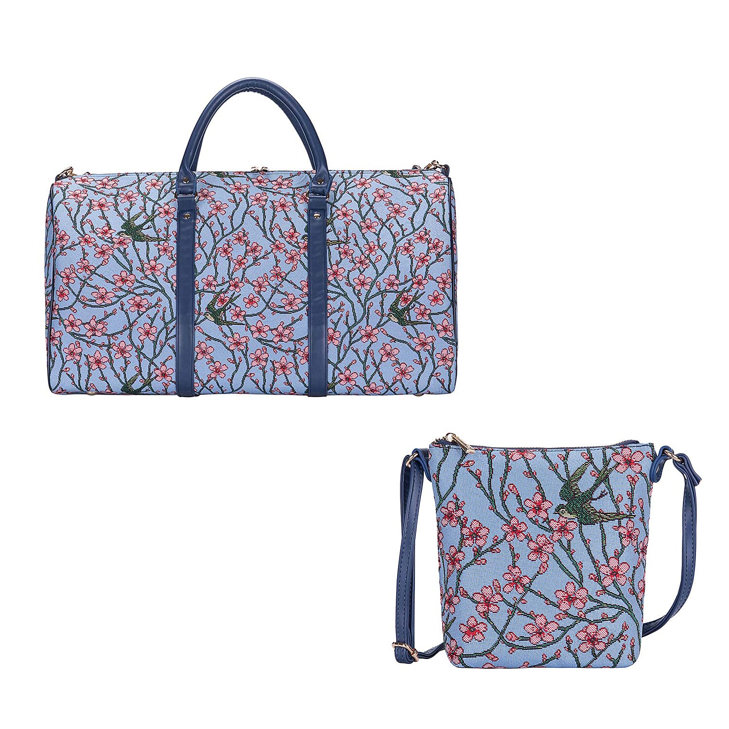 Signare Tapestry - 2 Piece Set - Blossom and Swallow Travel Bag (56X29X33cm) and Sling Bag (56X29X33cm) in Light Blue