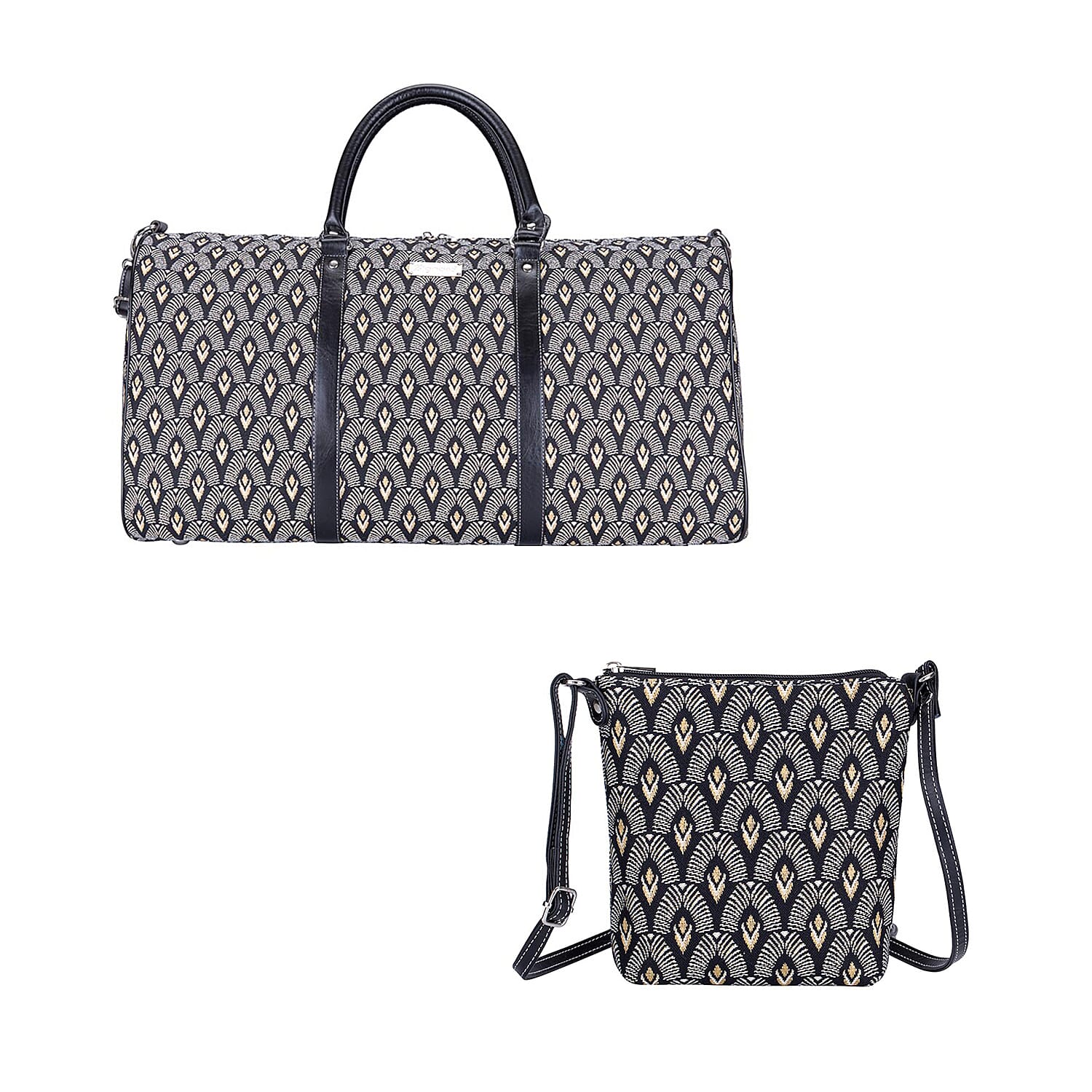 Signare Tapestry - 2 Piece Set - Luxor Art Deco Travel Bag (56X29X33cm) and Sling Bag (56X29X33cm) in Black