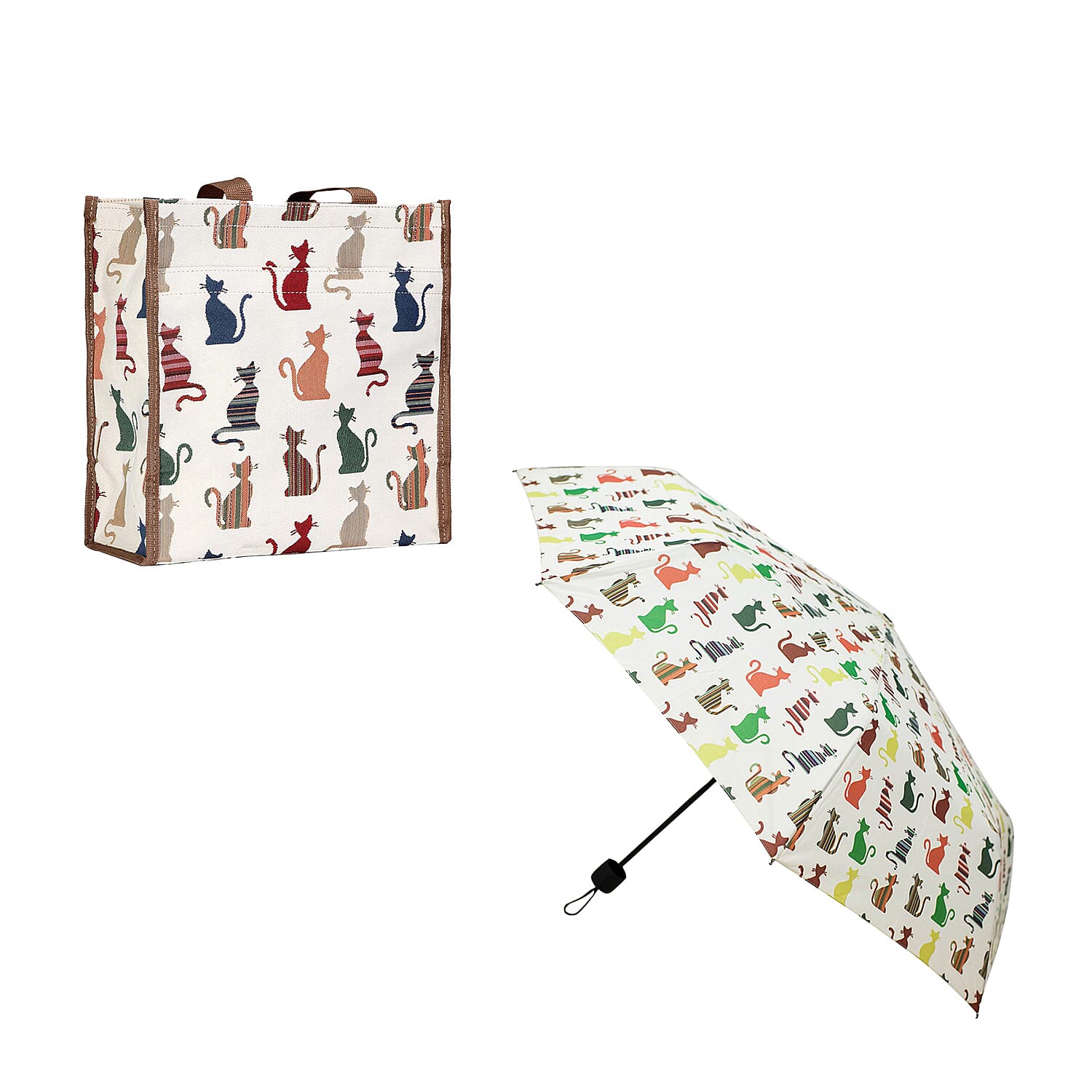 Signare Tapestry - 2 Piece Set - Cheeky Cat Shopping Bag (30X13X29cm) and Umbrella in Beige
