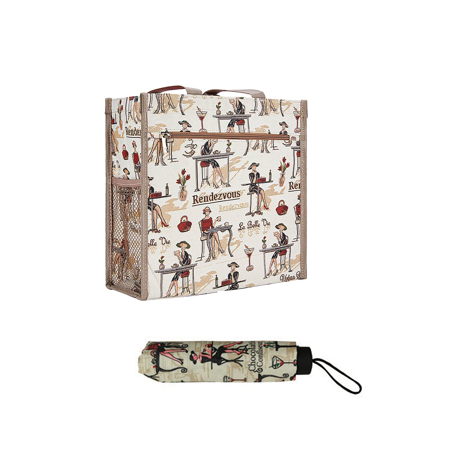 Signare Tapestry - 2 Piece Set - Rendezvous Shopping Bag (17X6X22cm) and Umbrella in Beige