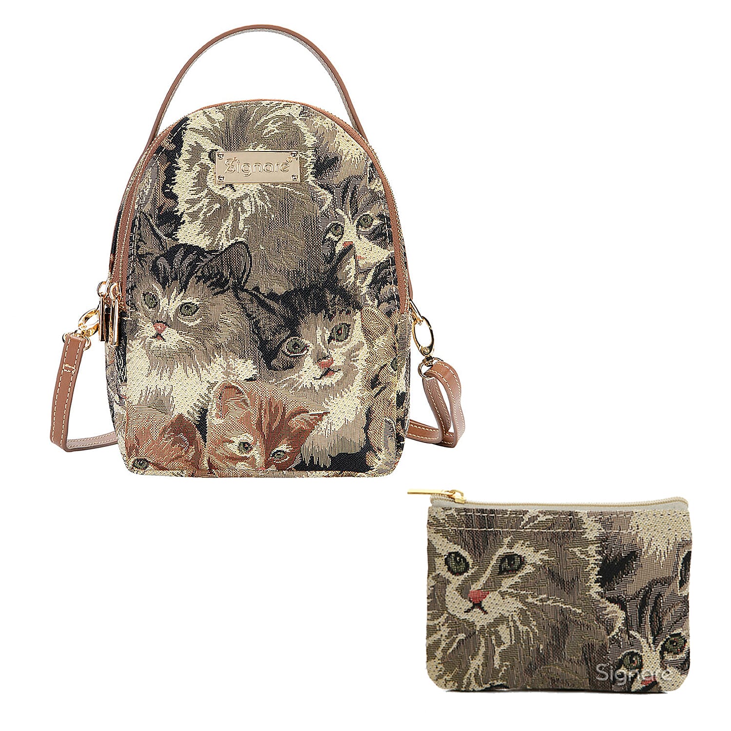 Signare Tapestry - 2 Piece Set - Cat Print Bagpack (17X6X22cm) and Cosmetic Bag (11X1.5X8cm) in Beige and Brown