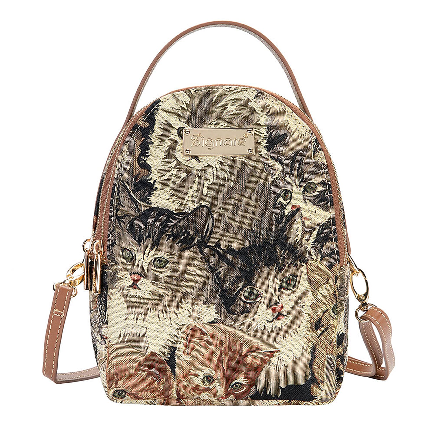 Signare Tapestry - 2 Piece Set - Cat Print Bagpack (17X6X22cm) and Cosmetic Bag (11X1.5X8cm) in Beige and Brown