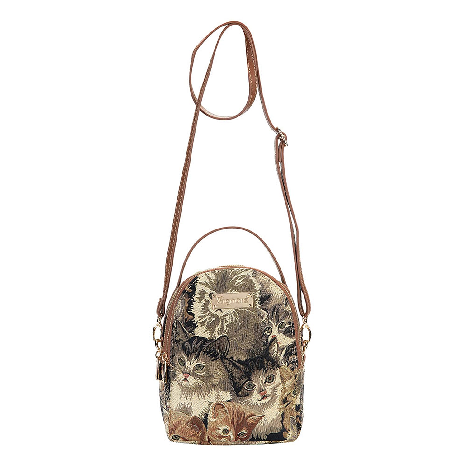 Signare Tapestry - 2 Piece Set - Cat Print Bagpack (17X6X22cm) and Cosmetic Bag (11X1.5X8cm) in Beige and Brown