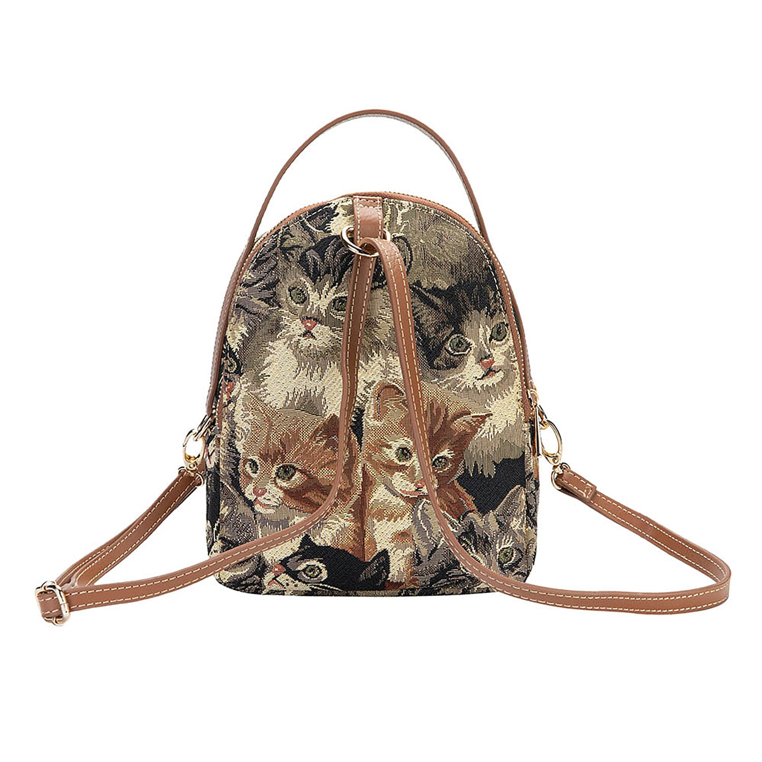 Signare Tapestry - 2 Piece Set - Cat Print Bagpack (17X6X22cm) and Cosmetic Bag (11X1.5X8cm) in Beige and Brown