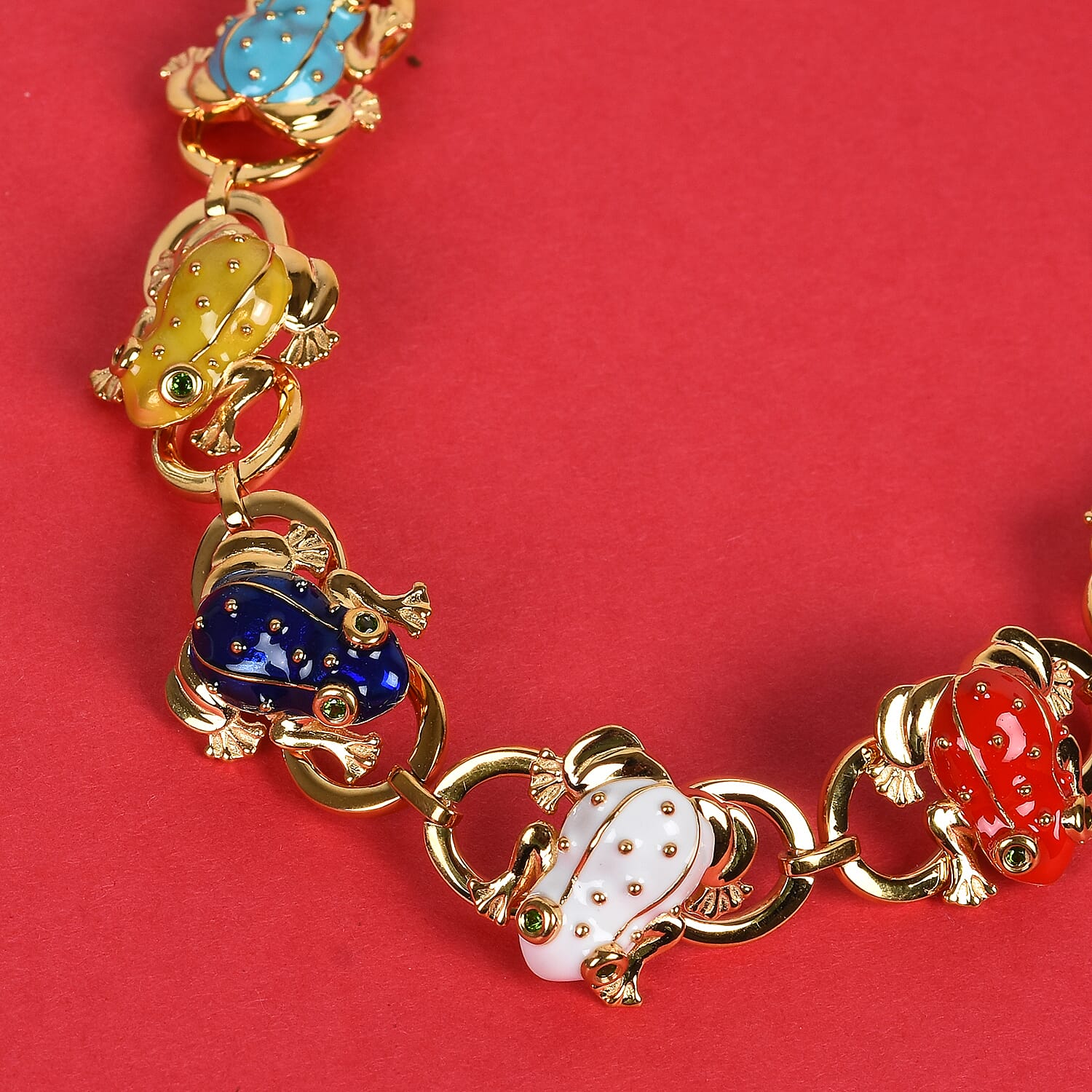 GP - Chrome Diopside and Blue Sapphire Enamelled Frog Link Bracelet (Size 7) in 14K Gold Overlay Sterling Silver, Silver wt 24.48 Gms