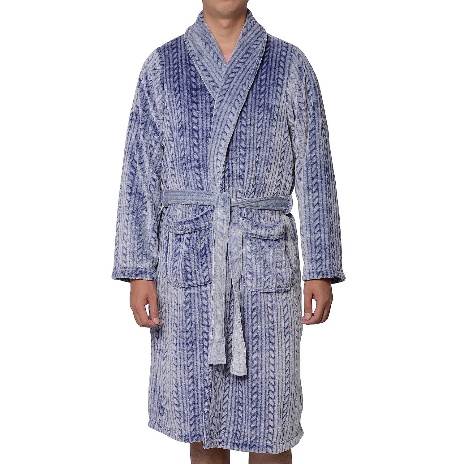 Soft Long Flannel Robe with Waistband (Size 70x120cm/One size)  -Navy Color