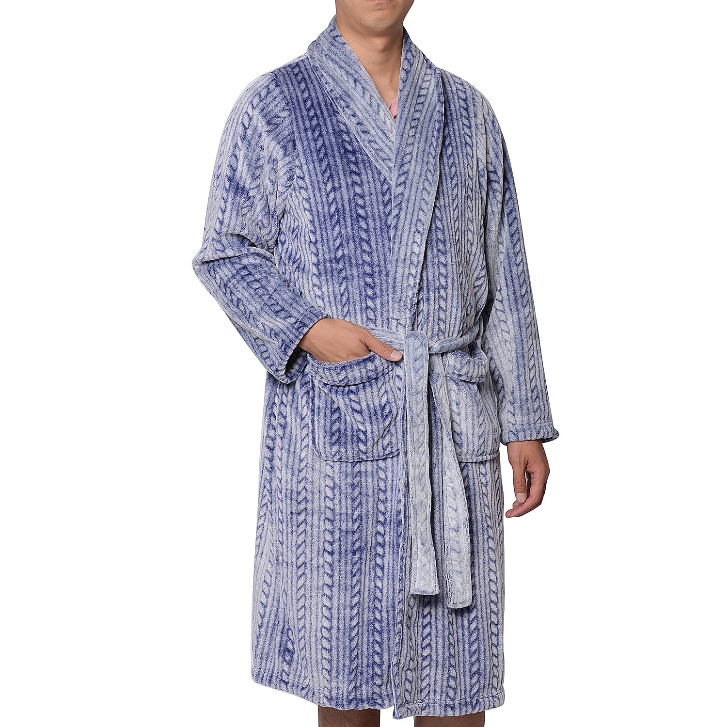 Soft Long Flannel Robe with Waistband (Size 70x120cm/One size)  -Navy Color