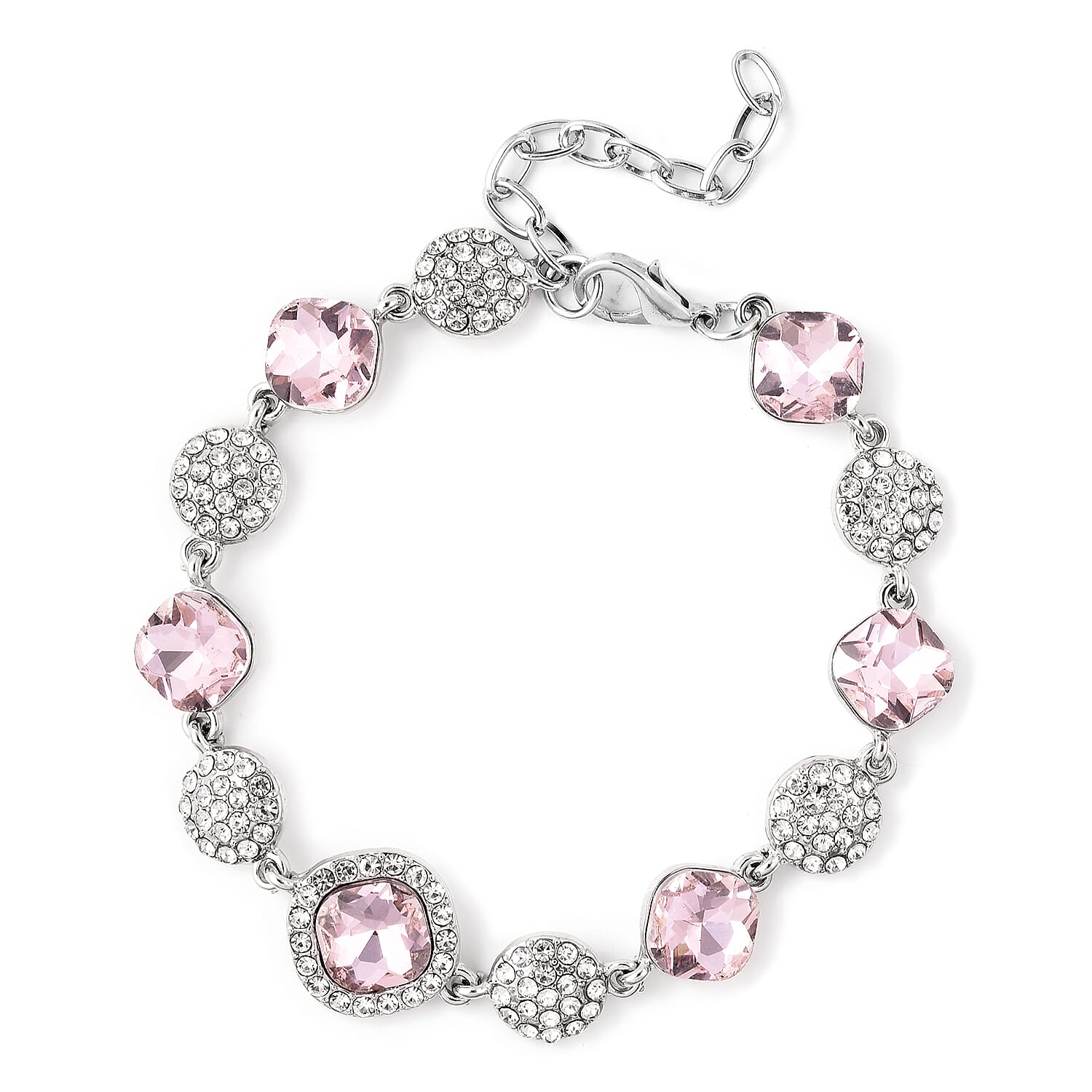 Simulated Kunzite and White Austrian Crystal Station Bracelet (Size 8 with Extender) in Silver Tone