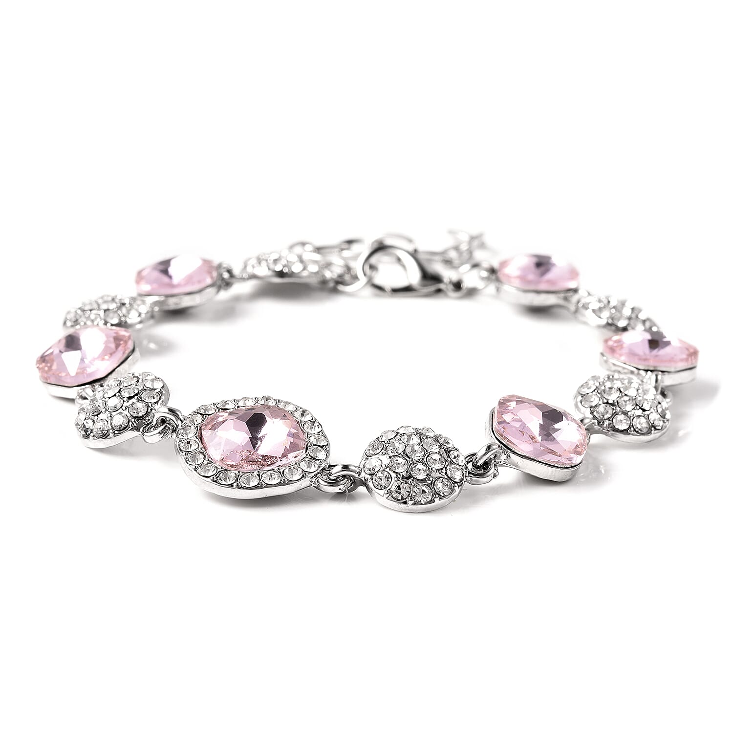 Simulated Kunzite and White Austrian Crystal Station Bracelet (Size 8 with Extender) in Silver Tone