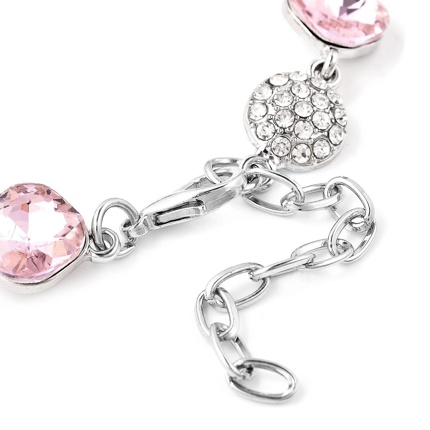 Simulated Kunzite and White Austrian Crystal Station Bracelet (Size 8 with Extender) in Silver Tone