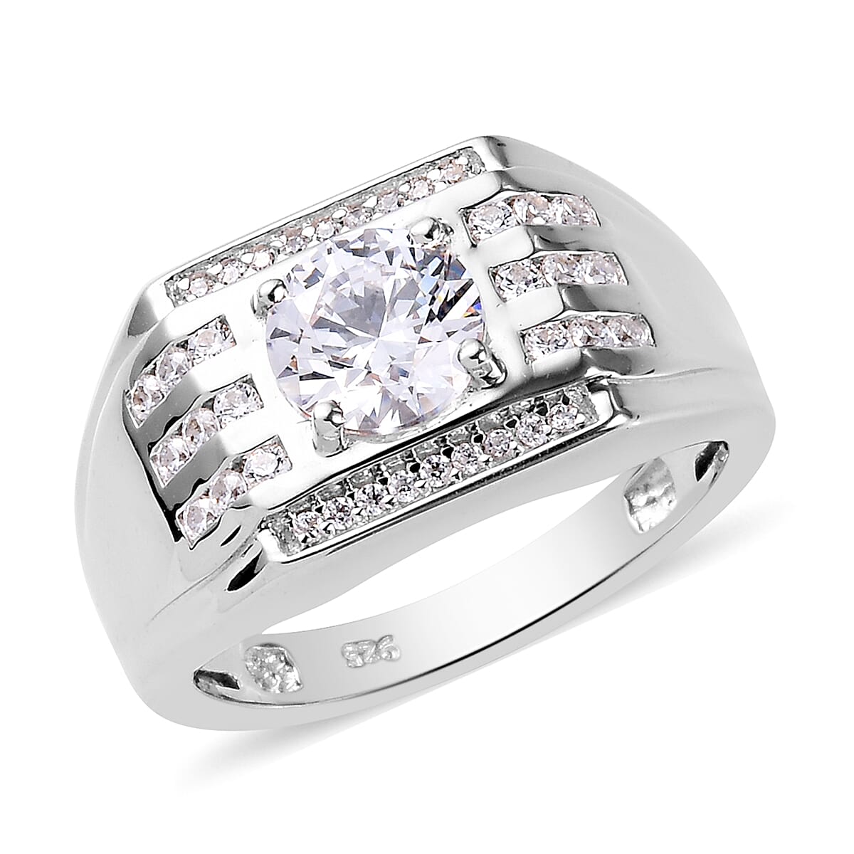 J Francis - Platinum Overlay Sterling Silver Signet Ring Made with Finest CZ 2.97 Ct.