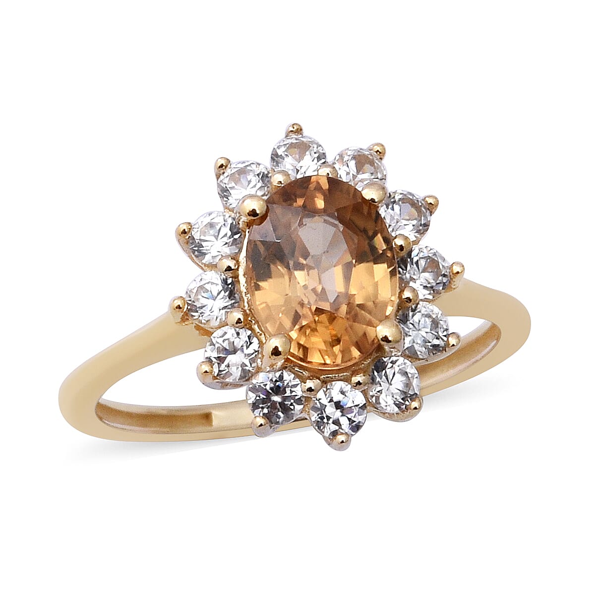9K Yellow Gold Tanzanian Yellow Zircon (Ovl 8x6mm), Natural White Zircon Halo Ring 2.90 Ct.
