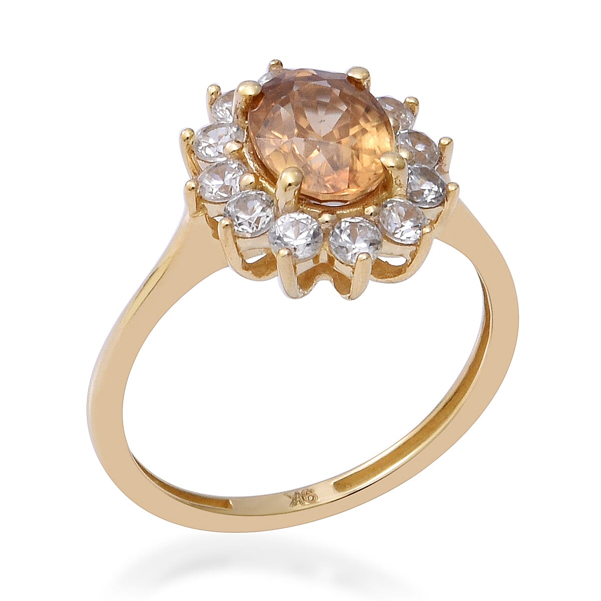 9K Yellow Gold Tanzanian Yellow Zircon (Ovl 8x6mm), Natural White Zircon Halo Ring 2.90 Ct.