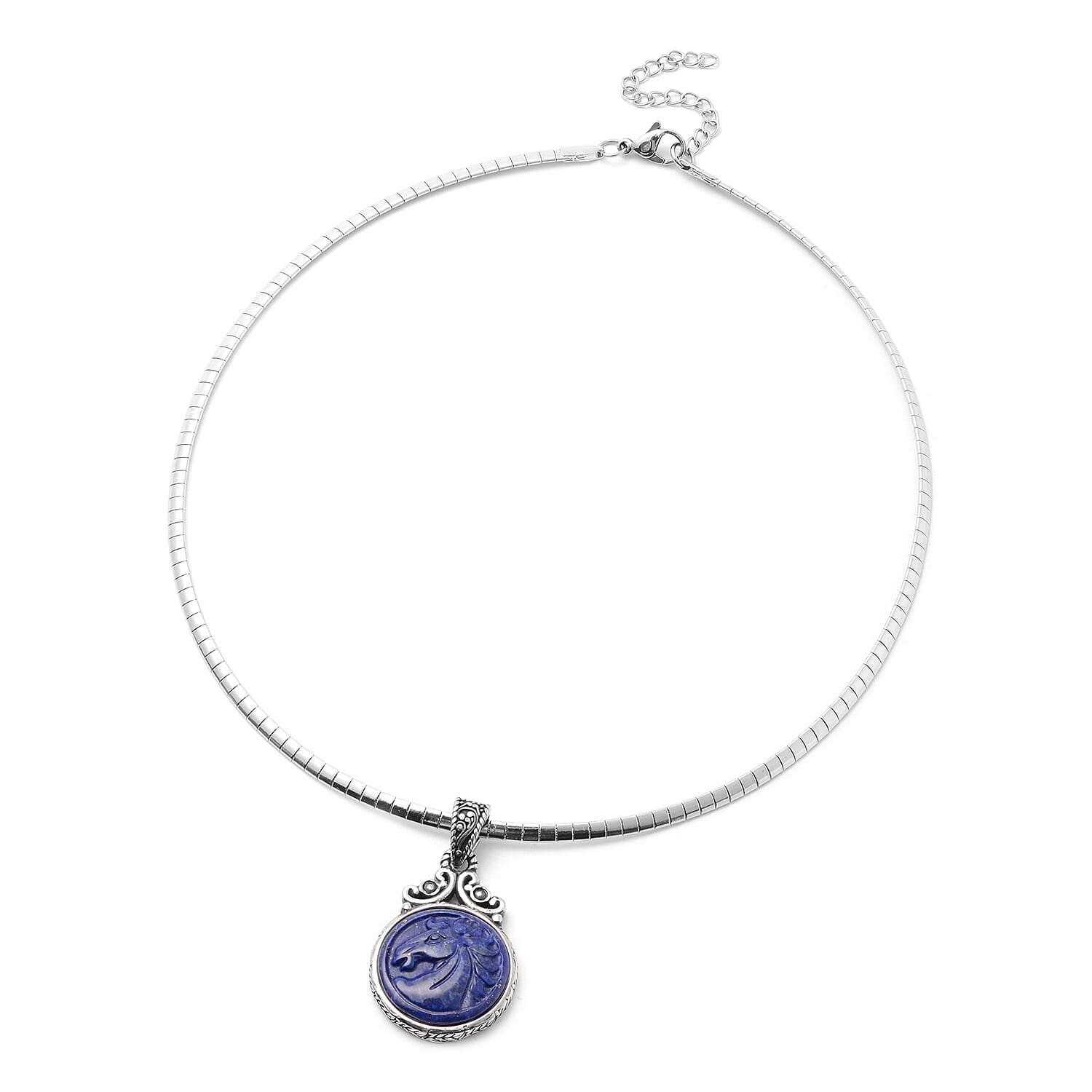 2 Piece Set - Carved Lapis Lazuli Necklace (Size 18) and Pendant in Stainless Steel 17.45 Ct.