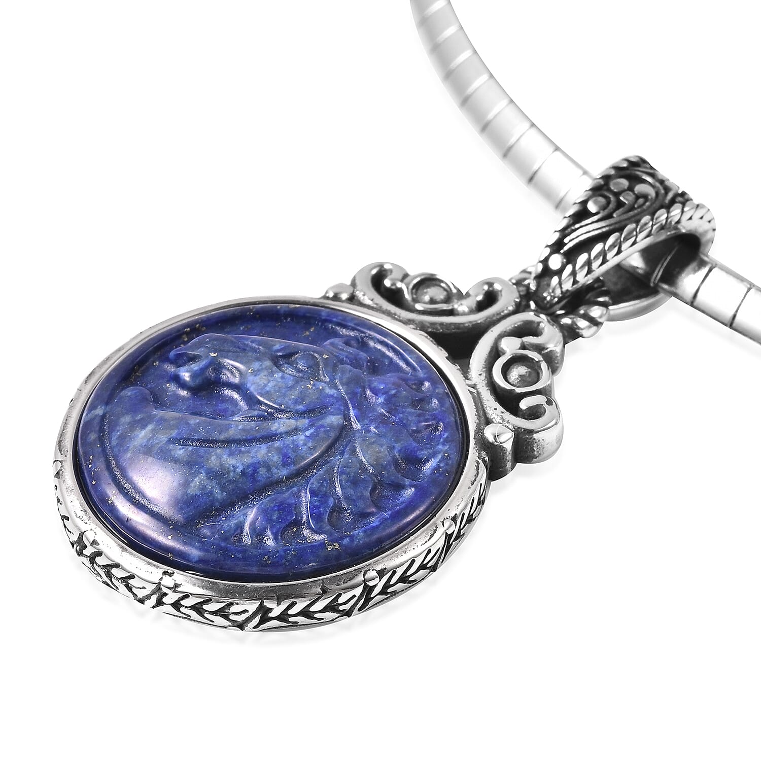 2 Piece Set - Carved Lapis Lazuli Necklace (Size 18) and Pendant in Stainless Steel 17.45 Ct.