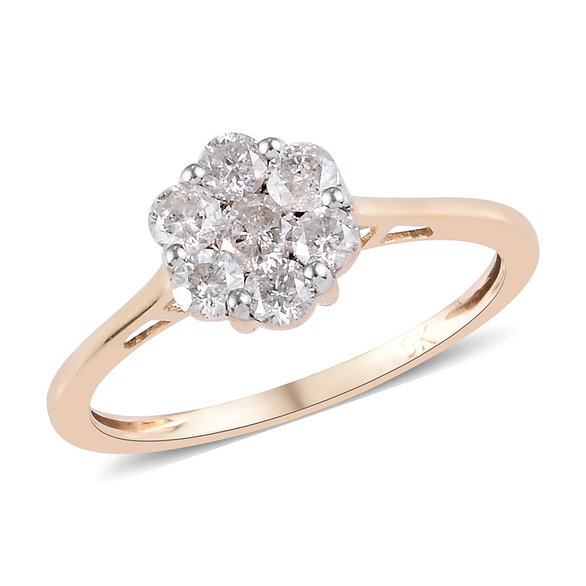 9K Yellow Gold SGL Certified Natural Diamond (I3-G-H) Floral Ring 0.50 Ct.
