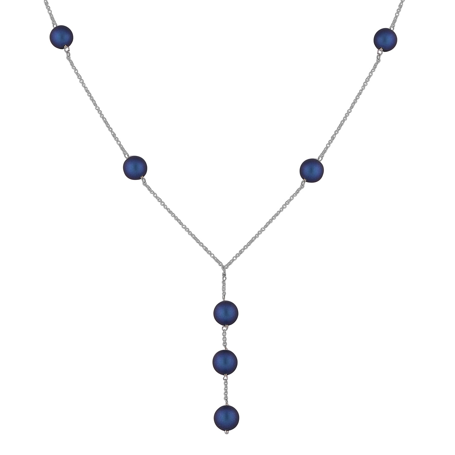 J Francis  Iridescent Dark Blue Pearl Crystal Lariat Necklace (Size 18) in Sterling Silver