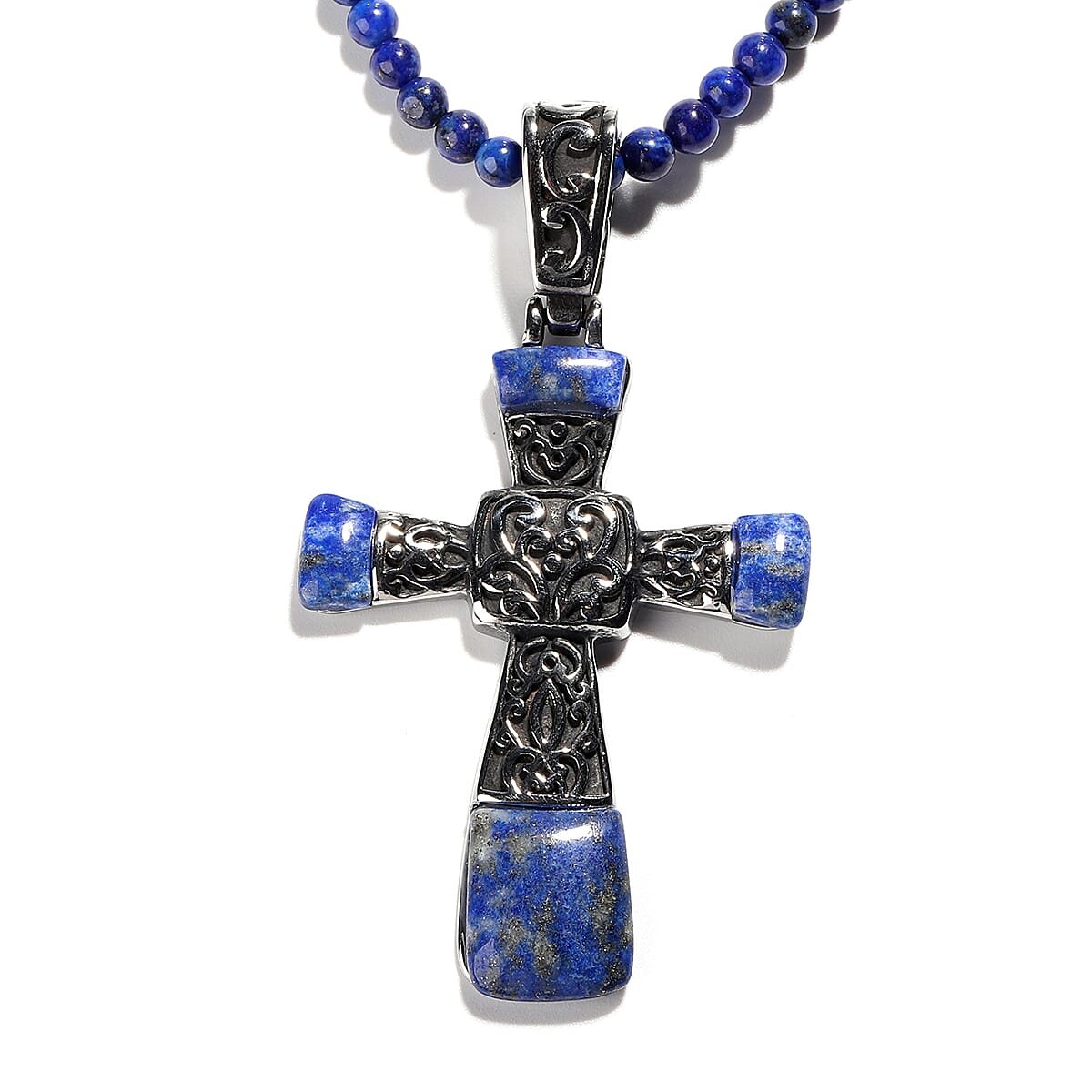 Set of 3 - Lapis Lazuli Stretchable Bracelet (Size 7), Cross Pendant and Necklace (Size 20 with 3.5 Inch Extender) in Stainless Steel 242.80 Ct.
