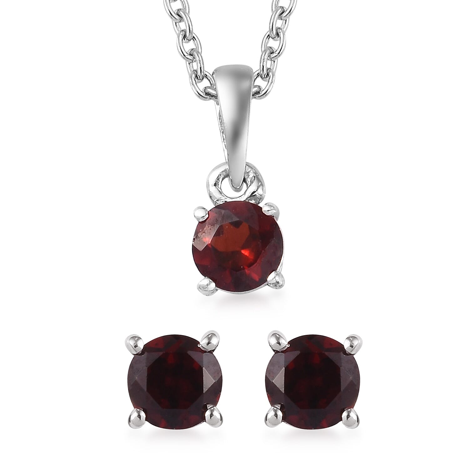 3 Piece Set -  Mozambique Garnet Pendant with Chain (Size 18) and Stud Earrings (with Push Back) in Platinum Overlay Sterling Silver 1.75 Ct.