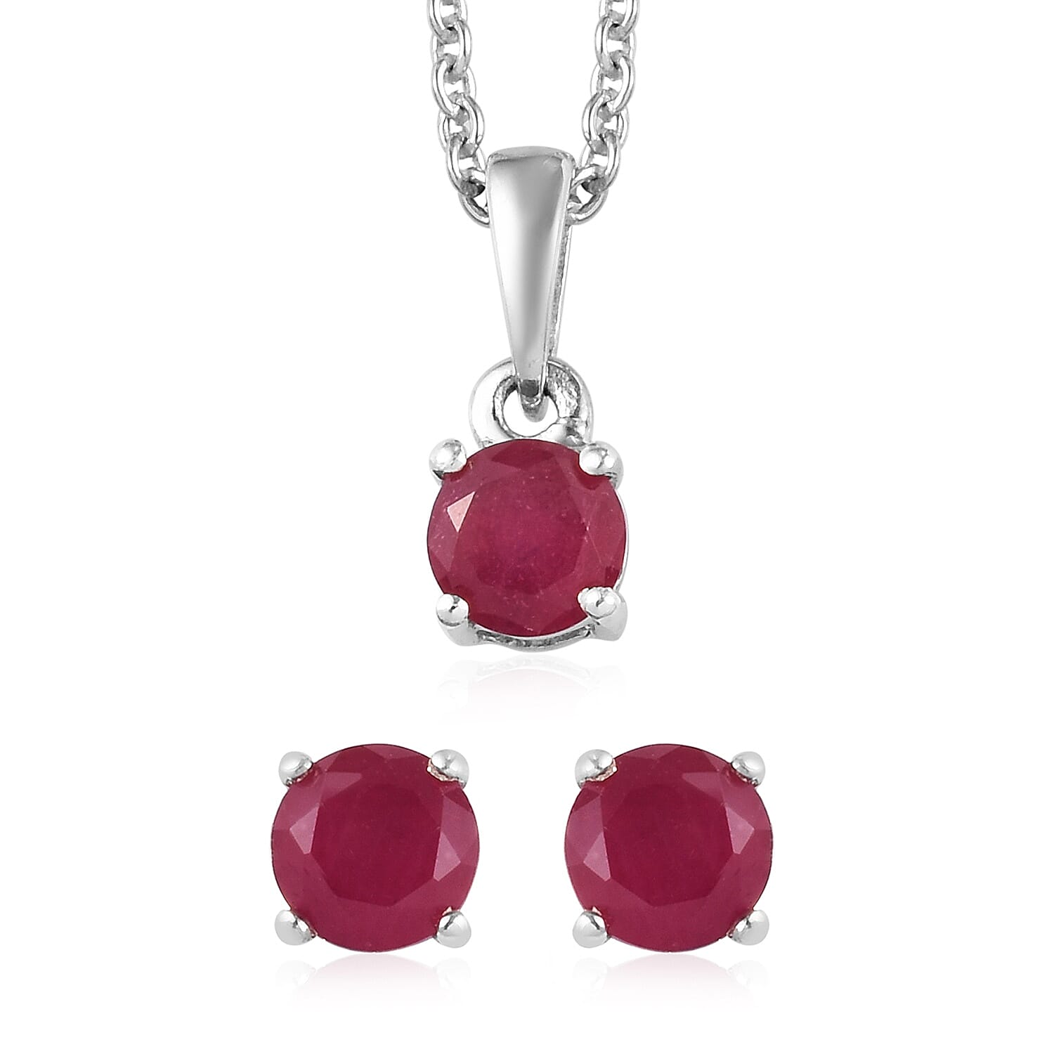 2 Piece Set - African Ruby Pendant With Chain (Size 18) and Stud Earrings (with Push Back) in Platinum Overlay Sterling Silver 2.25 Ct.