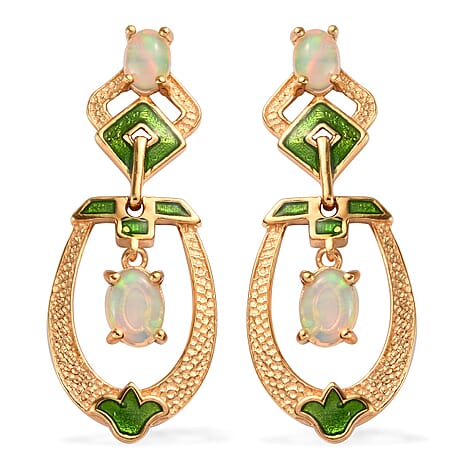 Ethiopian Welo Opal Enamelled Dangle Earrings with Push Back in 18K Vermeil Yellow Gold Plated Sterling Silver 1.73 Ct