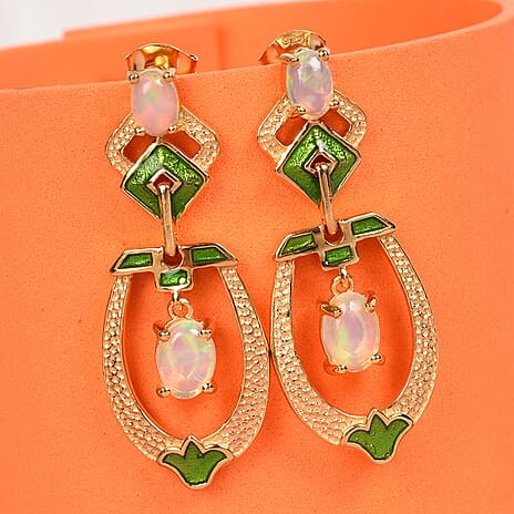 Ethiopian Welo Opal Enamelled Dangle Earrings with Push Back in 18K Vermeil Yellow Gold Plated Sterling Silver 1.73 Ct