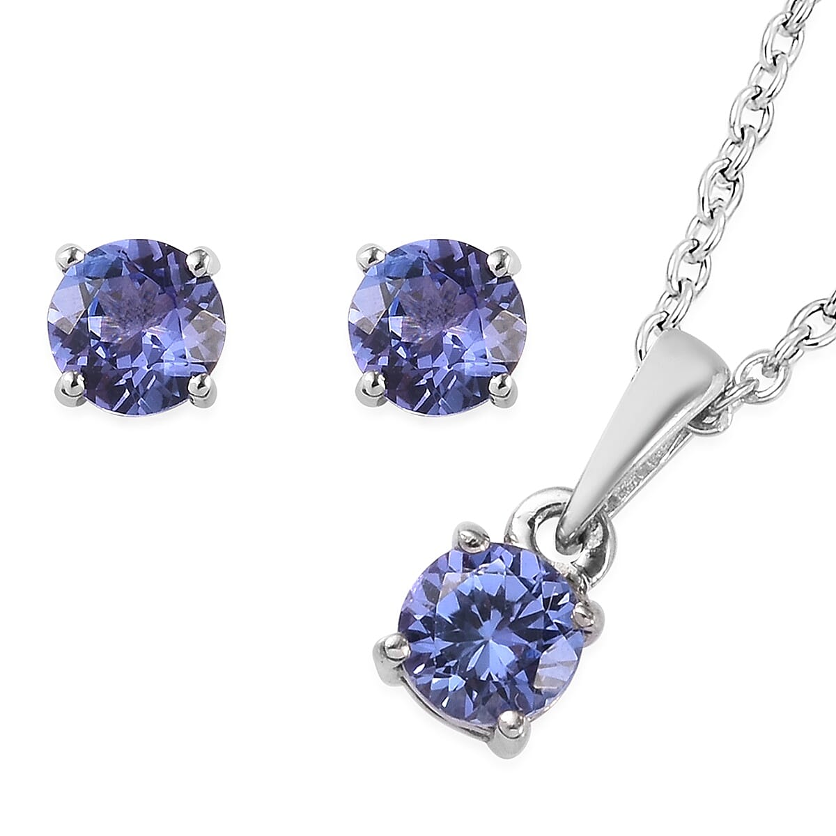 2 Piece Set - Tanzanite Pendant With Chain (Size 18) and Stud Earrings (with Push Back) in Platinum Overlay Sterling Silver 1.50 Ct.