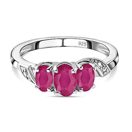 African Ruby (FF) 3 Stone Ring in Sterling Silver with Platinum Plating