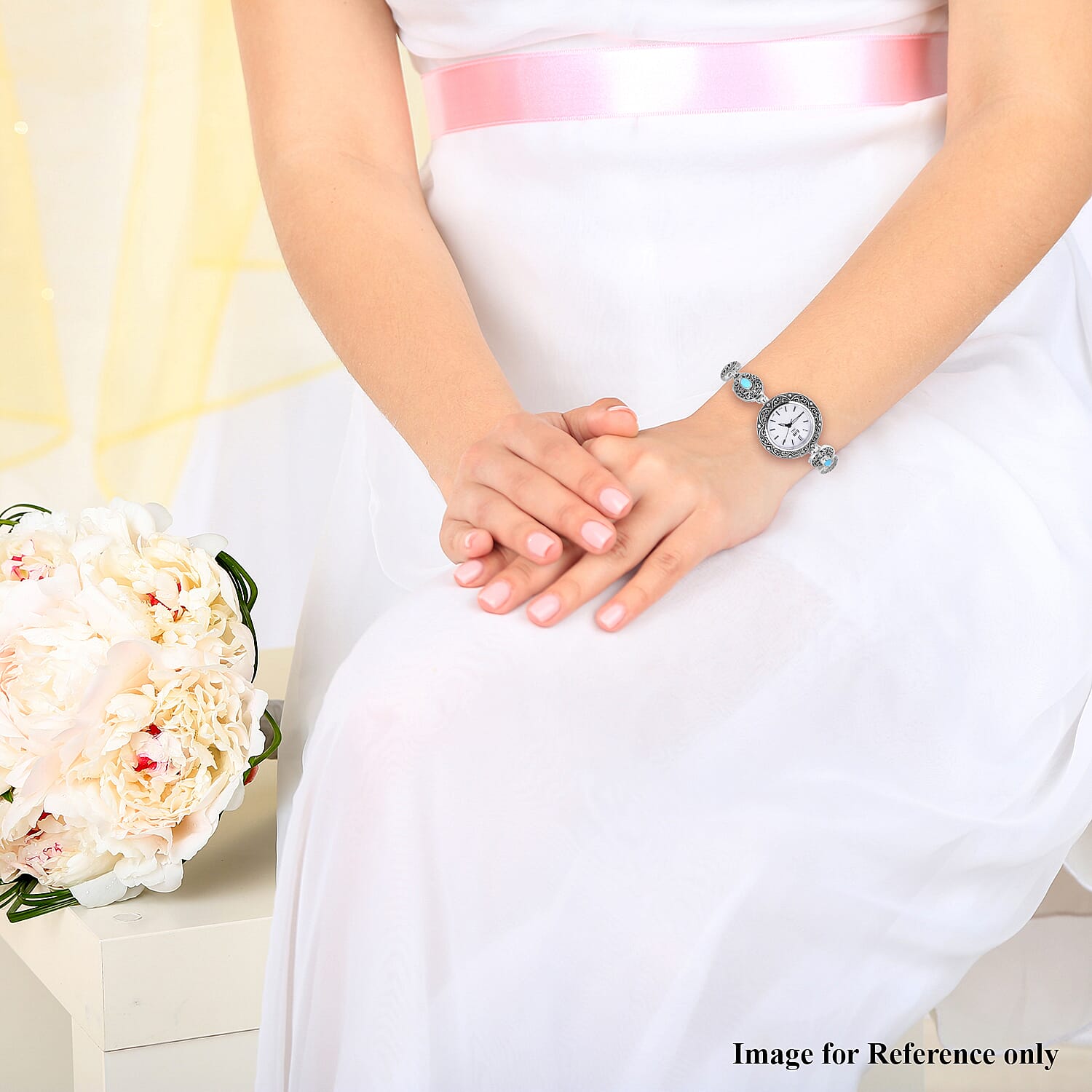 Nevada Close Out-EON 1962 Swiss Movement Arizona Sleeping Beauty Turquoise Studded Water Resistant Bracelet Watch (Size 7.5) in Sterling Silver, Silver wt 19.63 Gms