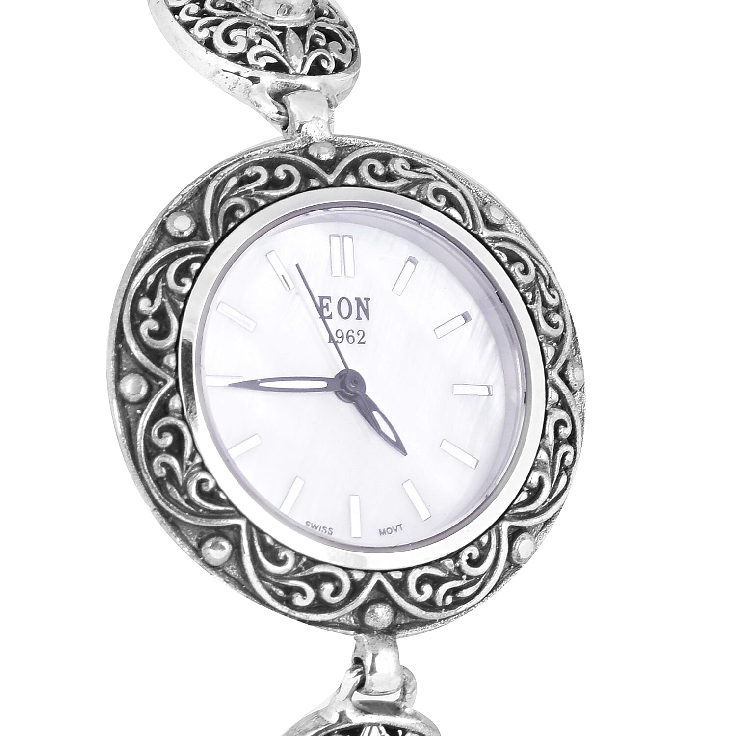 Nevada Close Out-EON 1962 Swiss Movement Arizona Sleeping Beauty Turquoise Studded Water Resistant Bracelet Watch (Size 7.5) in Sterling Silver, Silver wt 19.63 Gms