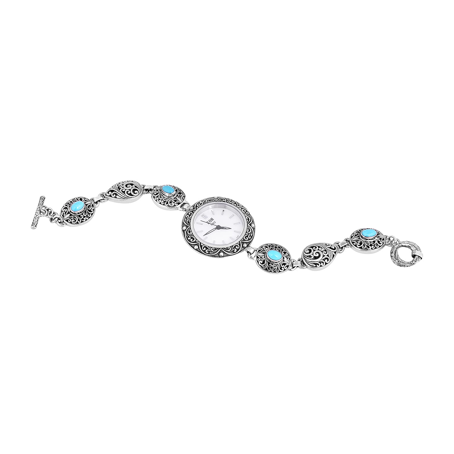 Nevada Close Out-EON 1962 Swiss Movement Arizona Sleeping Beauty Turquoise Studded Water Resistant Bracelet Watch (Size 7.5) in Sterling Silver, Silver wt 19.63 Gms