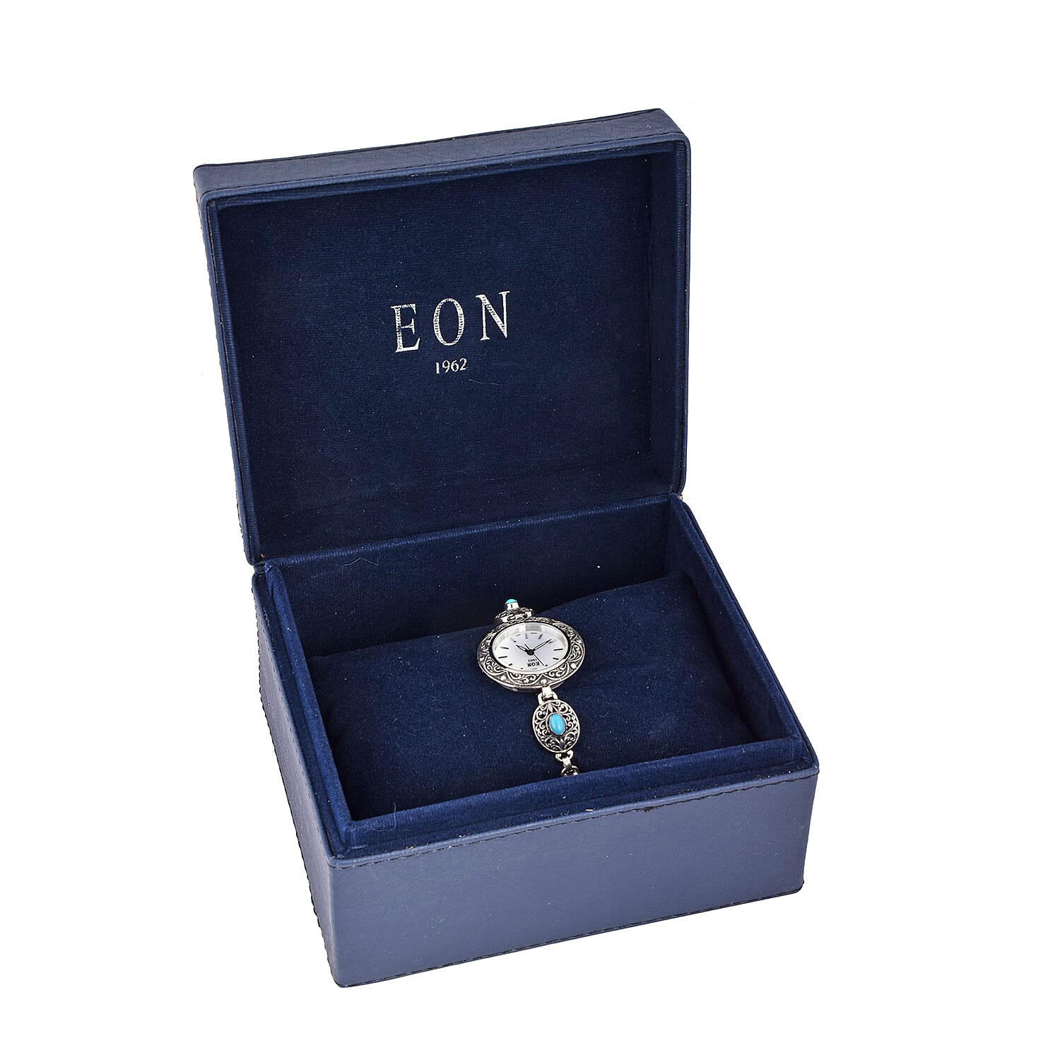 Nevada Close Out-EON 1962 Swiss Movement Arizona Sleeping Beauty Turquoise Studded Water Resistant Bracelet Watch (Size 7.5) in Sterling Silver, Silver wt 19.63 Gms