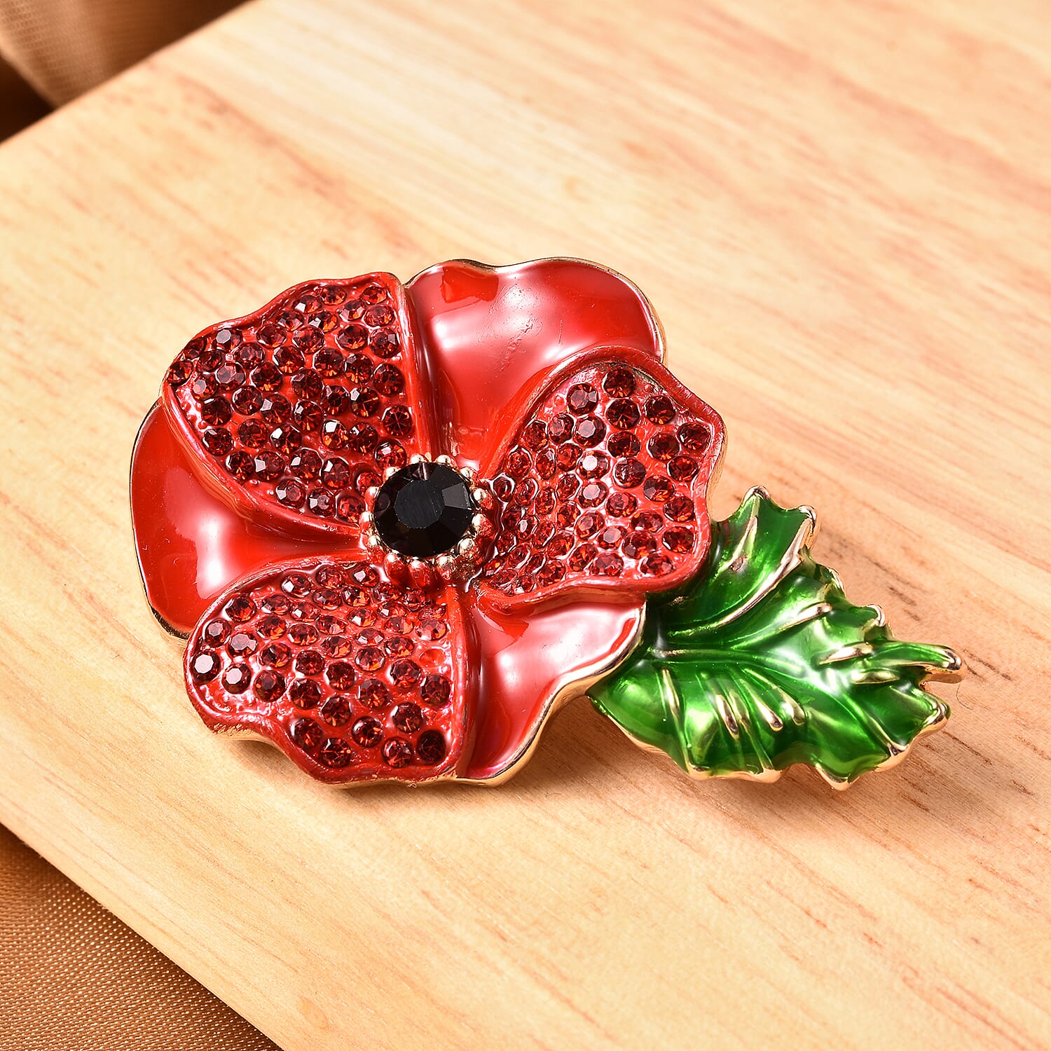 TJC  Design - Black and Red Austrian Crystal Enamelled  Flower Brooch